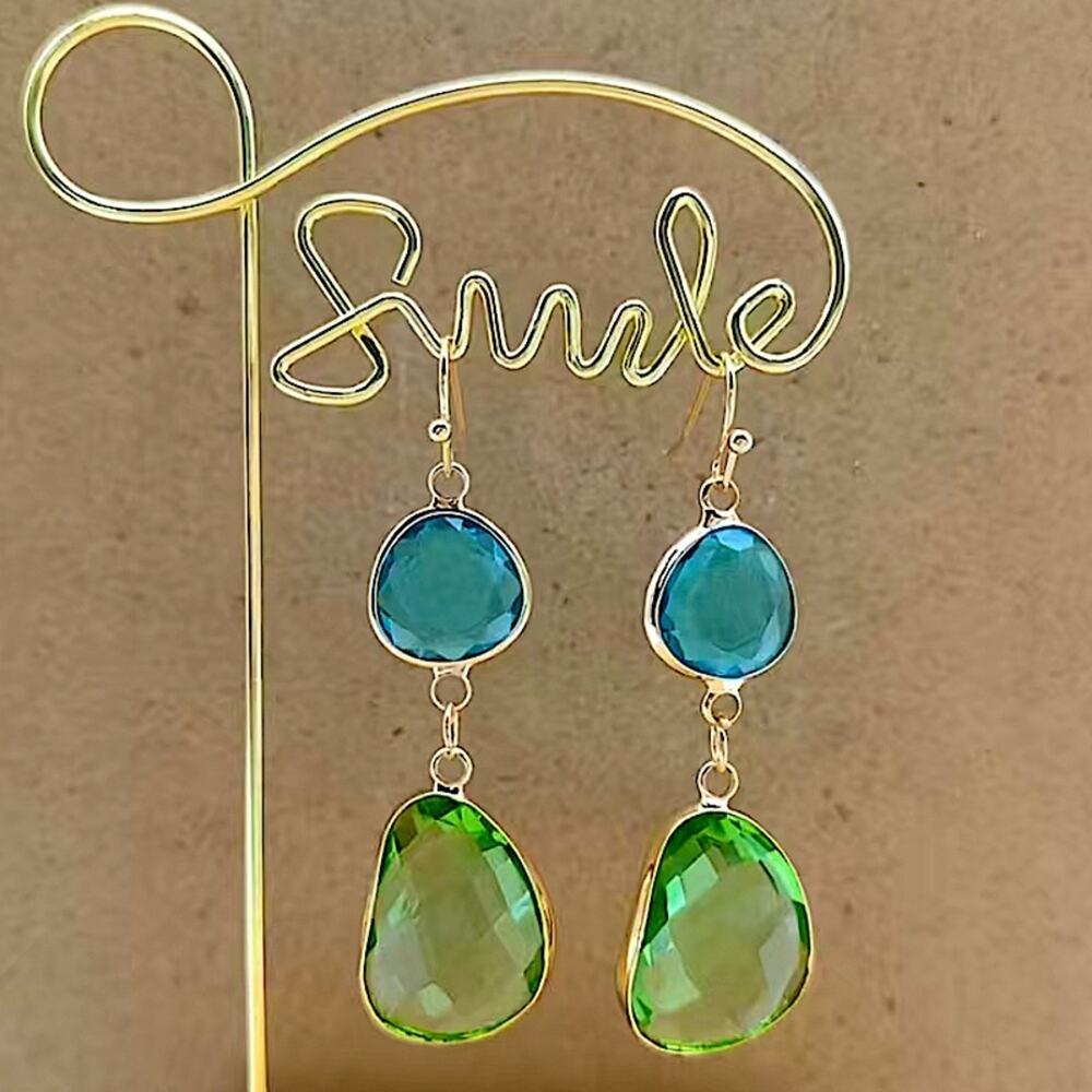 Gold Vintage Gemstone Crystal Blue Green Dangle Earrings - Picture 2 of 4